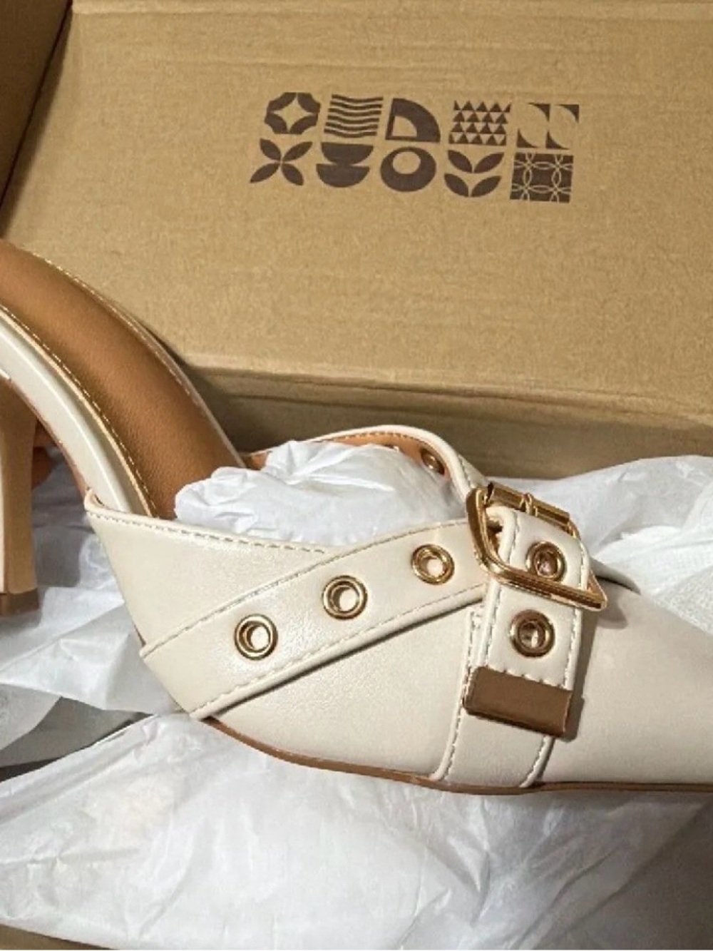Cream Heeled Mule with Gold Buckle